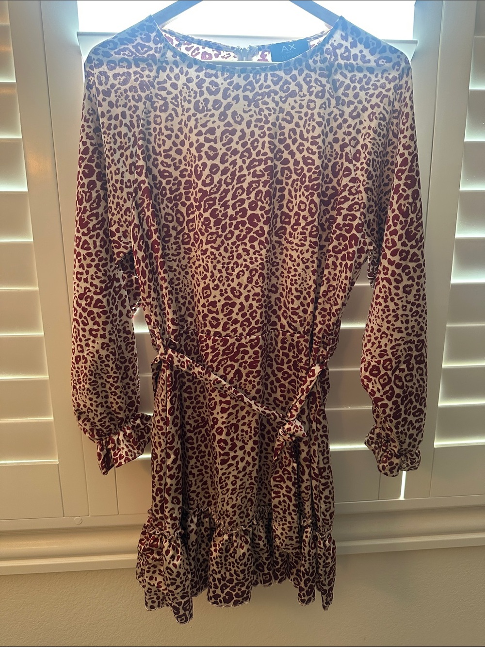 Armani Exchange Cream and Burgundy Leopard Print Long Sleeve Dress